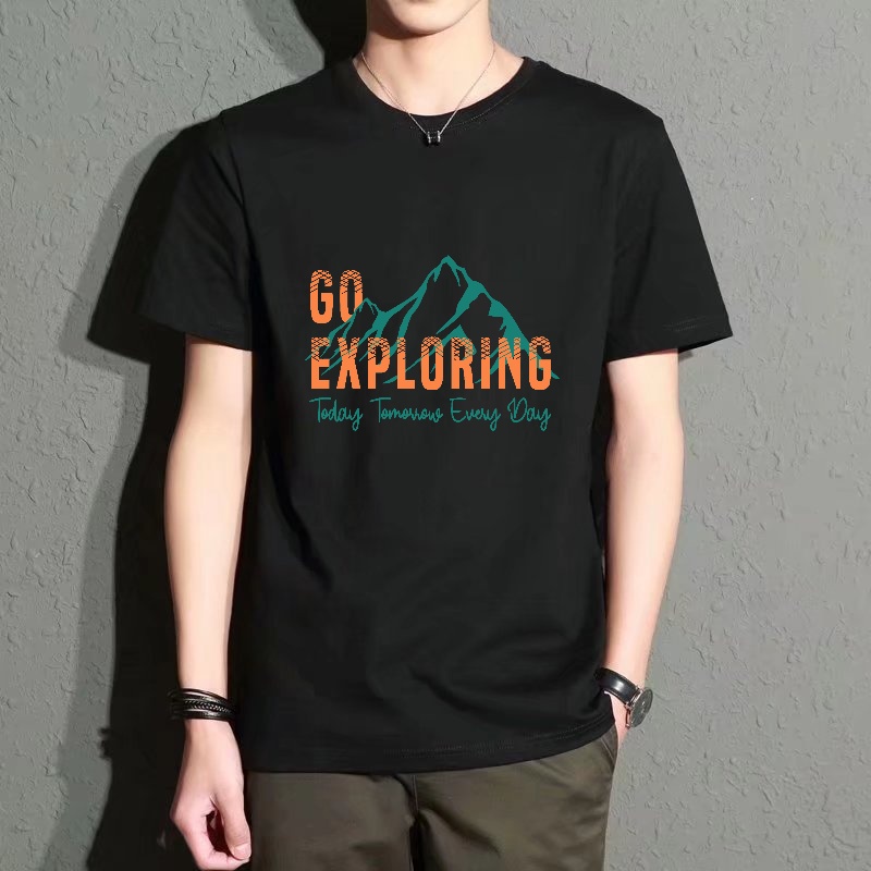 Street Fashion Theme - Men's Black Round-Neck Short-Sleeved T-Shirt with