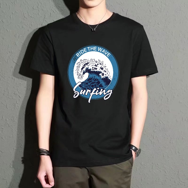 Street Fashion Theme - Men's Black Round-Neck Short-Sleeved T-Shirt, Casual