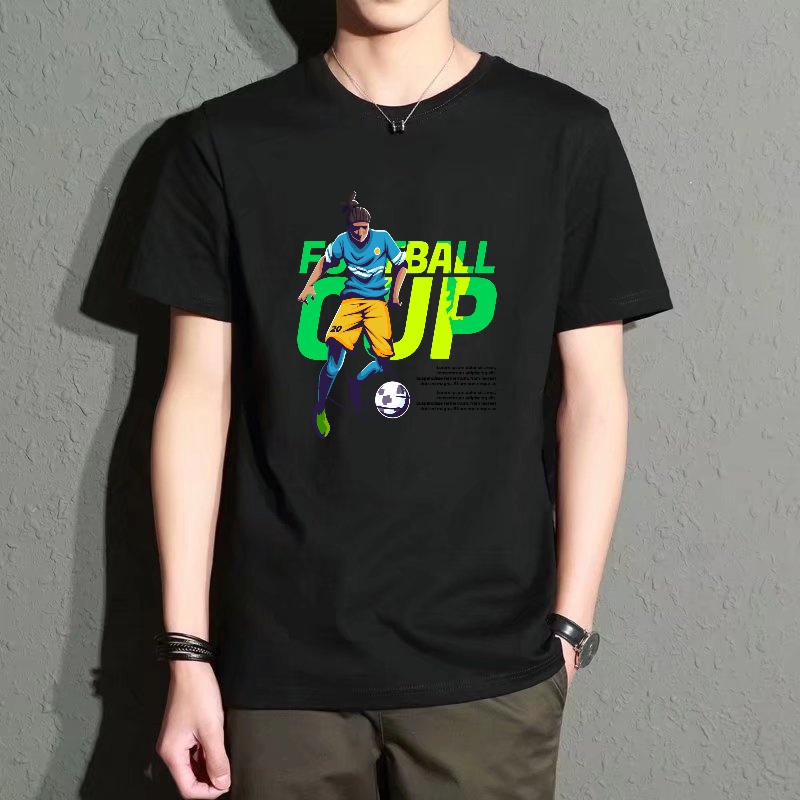 Street Fashion Theme - Men's Black Round-Neck Short-Sleeved T-Shirt, Football-Themed