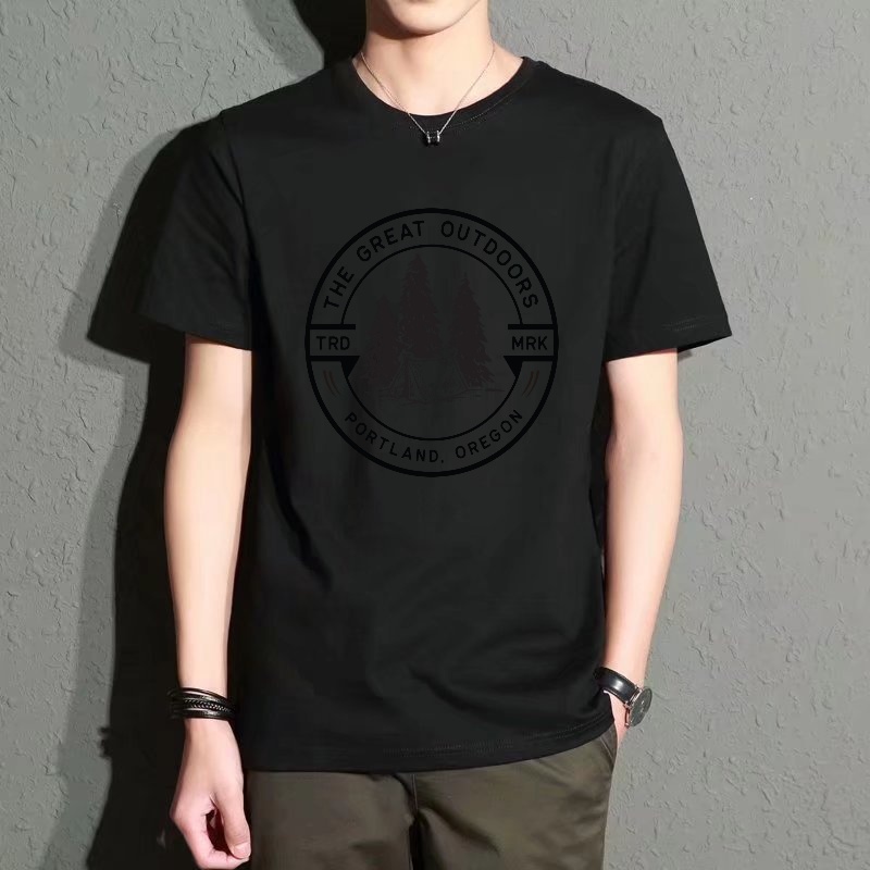 Street Fashion Theme - Men's Black Round-Neck Short-Sleeved T-Shirt, Outdoor-Themed