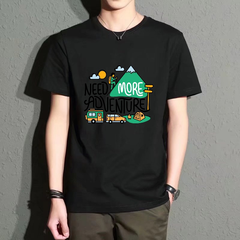 Street Fashion Theme - Men's Black Round-Neck Short-Sleeved T-Shirt, Outdoor
