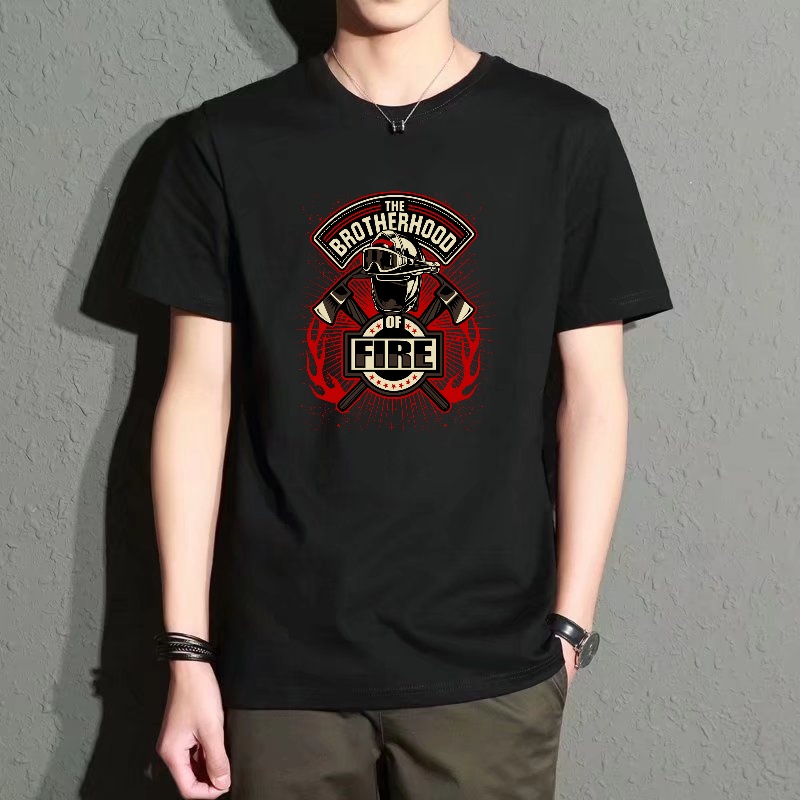 Street Fashion Theme - Men's Black Round-Neck Short-Sleeved T-Shirt, Fire-Themed