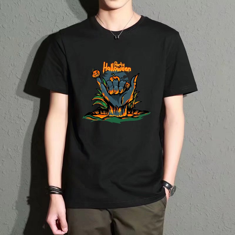 Street Fashion Theme - Men's Black Round-Neck Short-Sleeved T-Shirt, Halloween-Themed