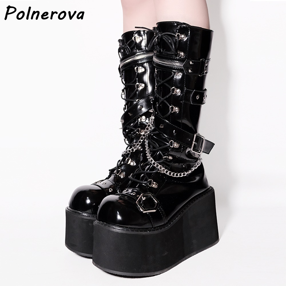 Street Fashion Punk - Black Platform Metal Chain Boots Buckle