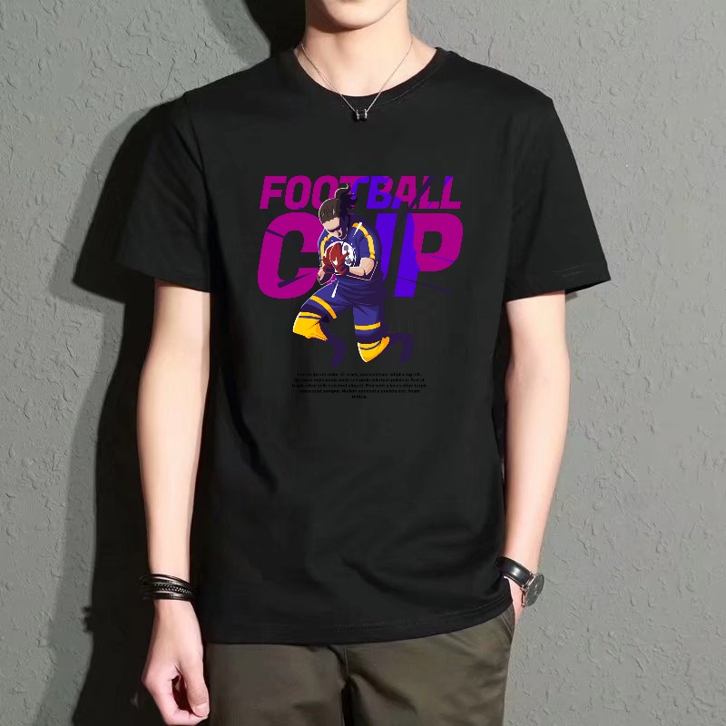 Street Fashion Theme - Men's Black Round-Neck Short-Sleeved T-Shirt, Football-Themed