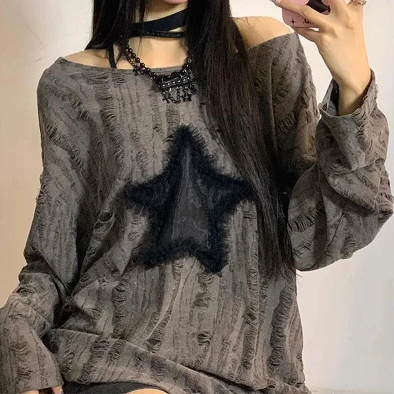 Y2K Hole Star Print T-Shirt Wo – обзор и цена Street Fashion Kpop