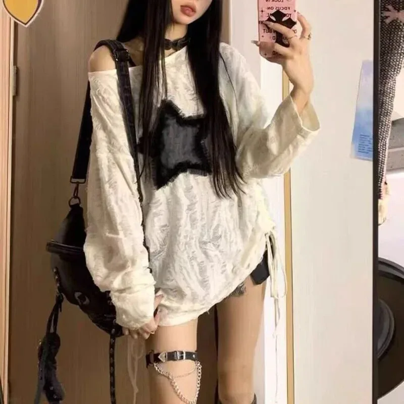 Y2K Hole Star Print T-Shirt Wo – обзор и цена Street Fashion Kpop